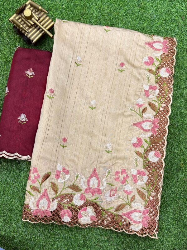 Blended Tussar saree with cross stitch and cutwork ( Available in 8 colors)