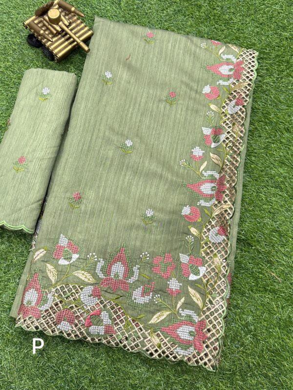 Blended Tussar saree with cross stitch and cutwork ( Available in 8 colors)