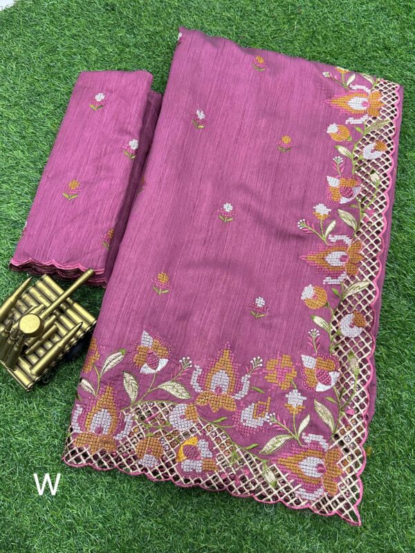 Blended Tussar saree with cross stitch and cutwork ( Available in 8 colors)
