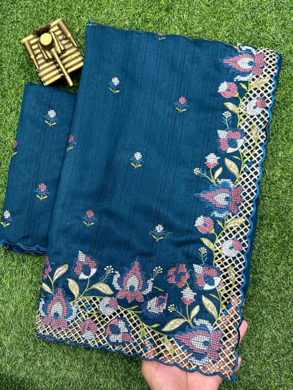 Blended Tussar saree with cross stitch and cutwork ( Available in 8 colors)