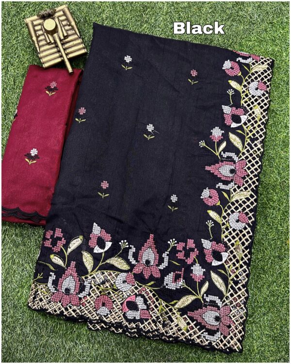 Blended Tussar saree with cross stitch and cutwork ( Available in 8 colors)