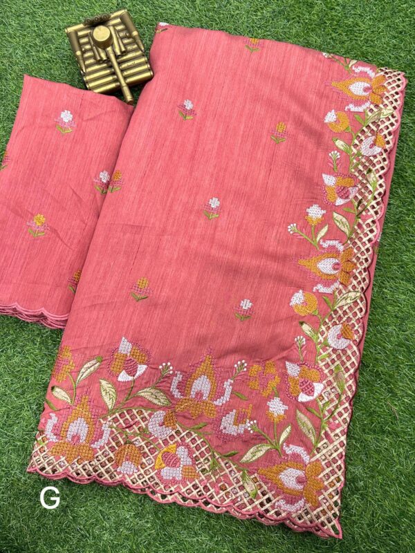 Blended Tussar saree with cross stitch and cutwork ( Available in 8 colors)
