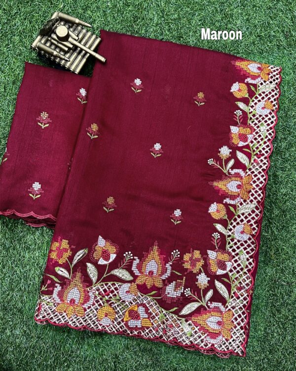 Blended Tussar saree with cross stitch and cutwork ( Available in 8 colors)