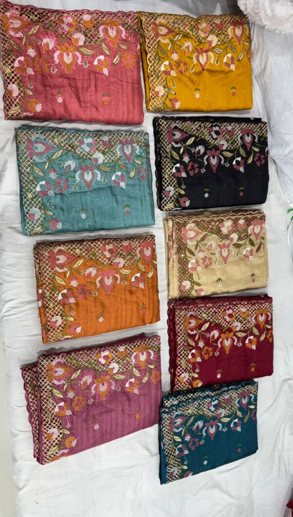 Blended Tussar saree with cross stitch and cutwork ( Available in 8 colors)