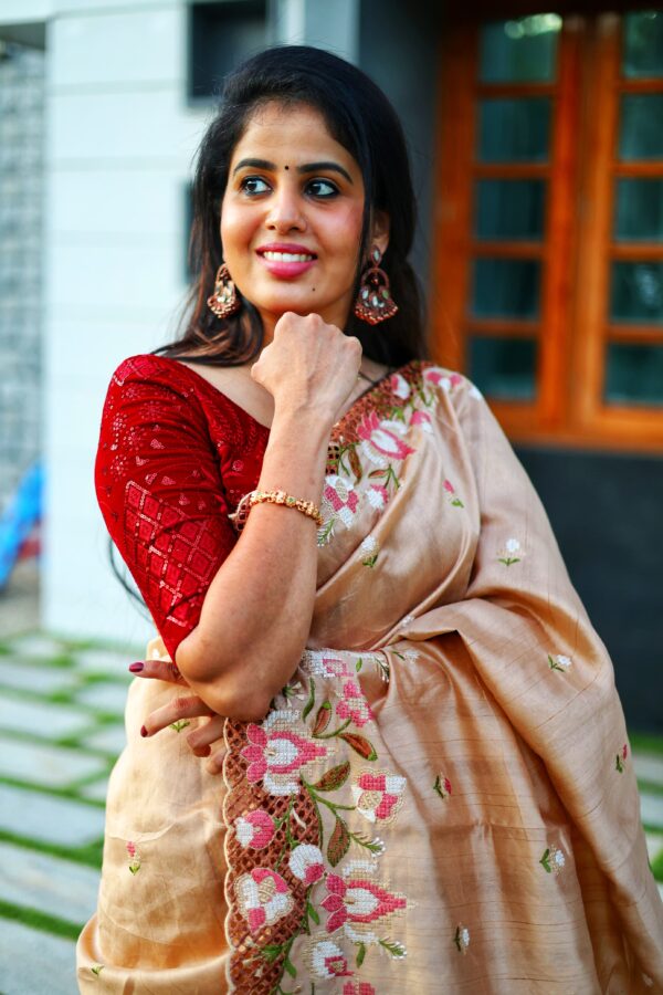Blended Tussar saree with cross stitch and cutwork ( Available in 8 colors)