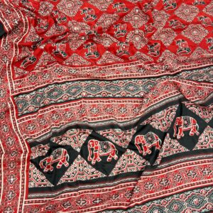 Traditional Semi Modal Ajrakh Saree with Elegant Motifs & Mirror Work