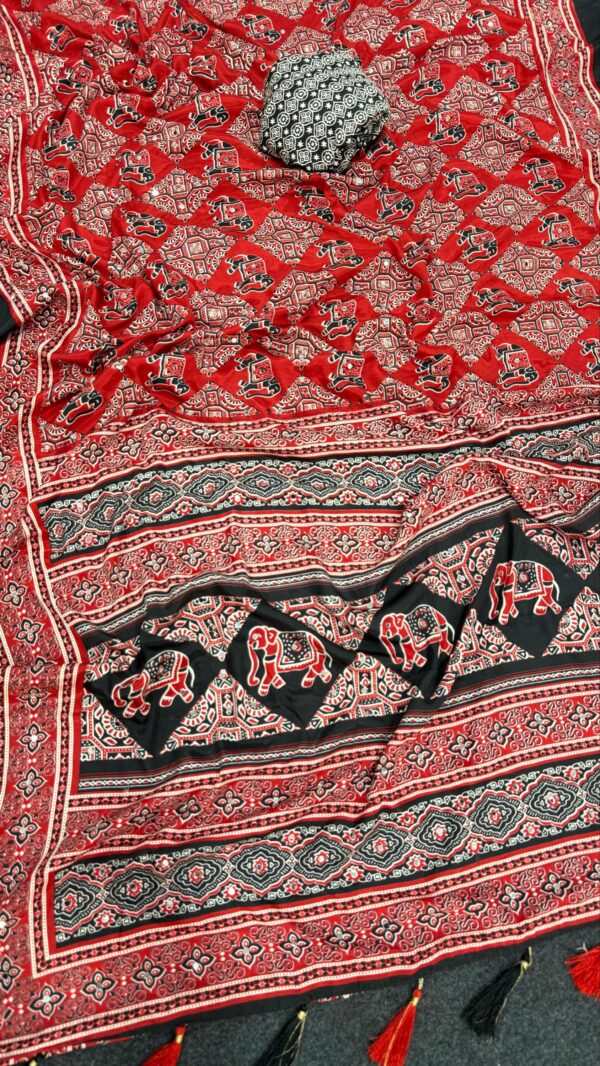 Traditional Semi Modal Ajrakh Saree with Elegant Motifs & Mirror Work