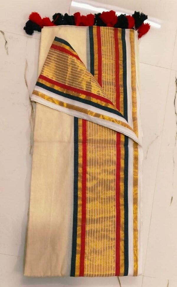 Kashi - 120 Thread Count Mul Cotton Saree with Traditional Gold Kasavu Border
