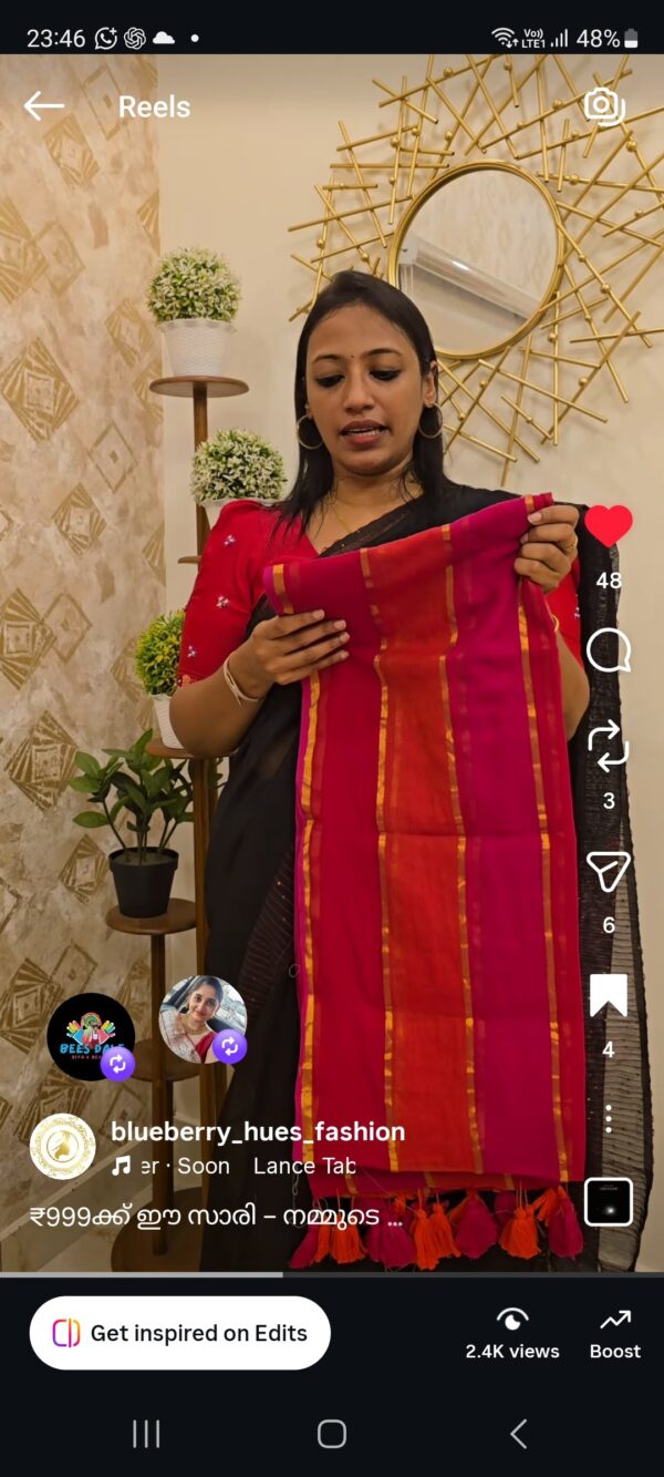 Manjari - 120 Thread Count Mul Cotton Saree pink and orange