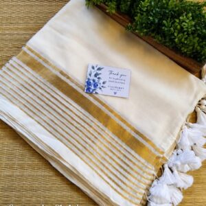 Shakti - 120 Thread Count Mul Cotton Saree with Traditional Gold Kasavu Border