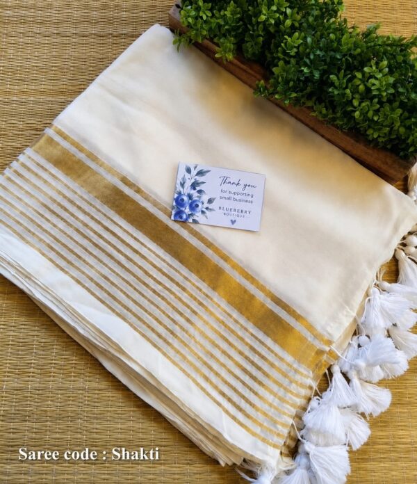 Shakti - 120 Thread Count Mul Cotton Saree with Traditional Gold Kasavu Border