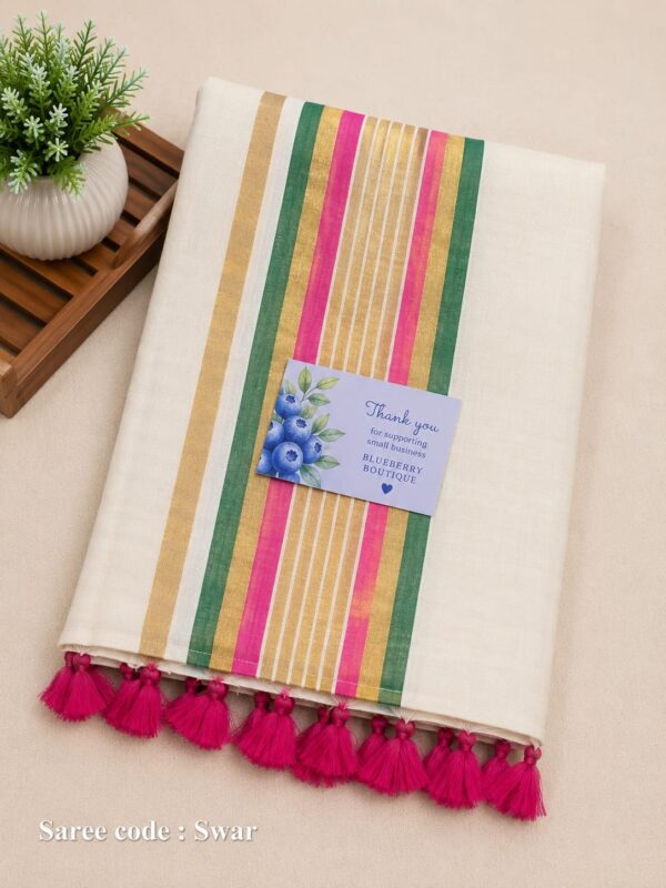 Swar - 120 Thread Count Mul Cotton Saree with Traditional Gold Kasavu Border Copy