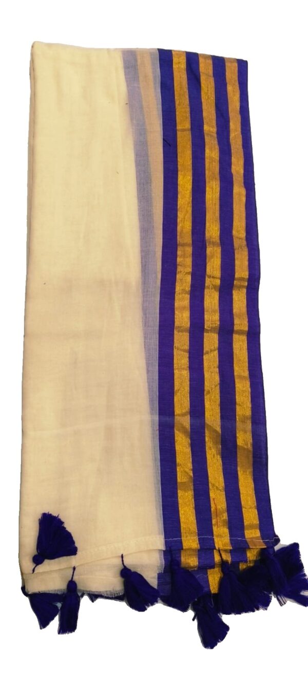 Jathi - violet 120 Thread Count Mul Cotton Saree with Traditional Gold Kasavu Border