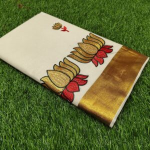lotus golden- embroidered kerala  saree