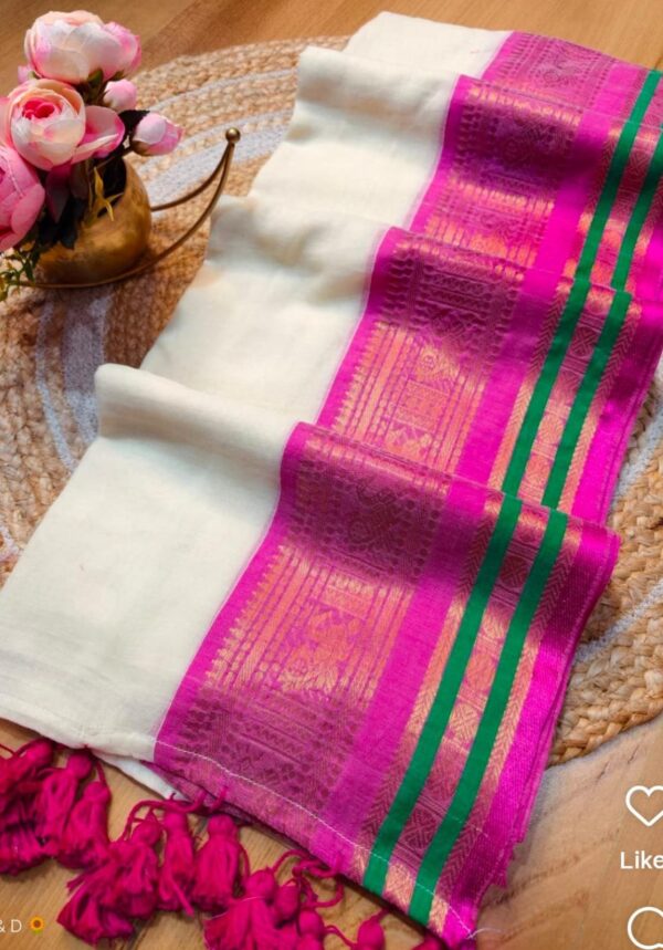 shoka- 120 Thread Count Mul Cotton Saree with Traditional Gold Kasavu Border