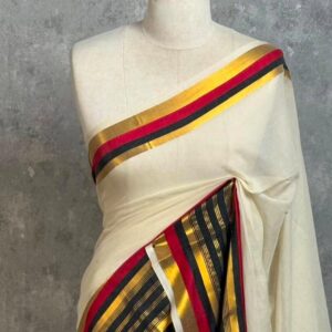 Chitra- 120 Thread Count Mul Cotton Saree with Traditional Gold Kasavu Border
