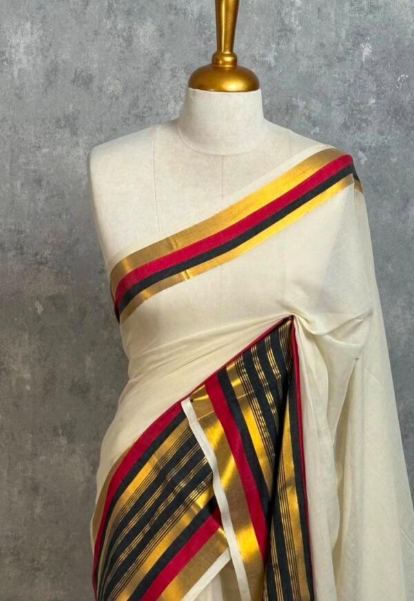Chitra- 120 Thread Count Mul Cotton Saree with Traditional Gold Kasavu Border