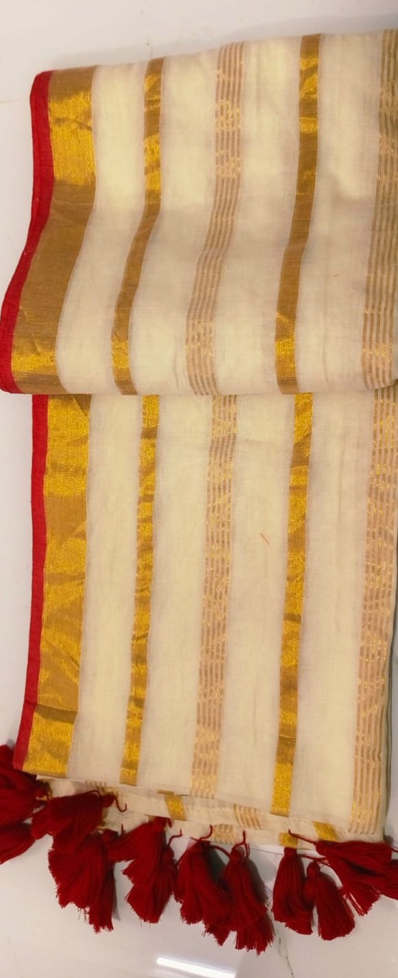 kasthuri - 120 Thread Count Mul Cotton Saree with Traditional Gold Kasavu Border