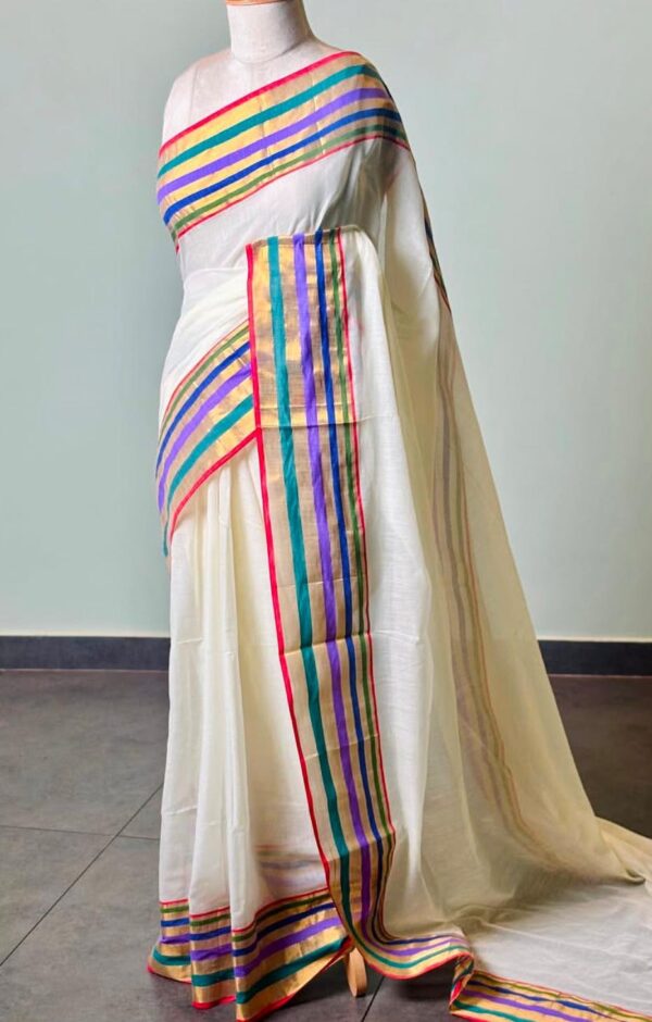 Shira - 120 Thread Count Mul Cotton Saree with Traditional Gold Kasavu Border