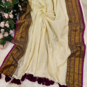 karna - 120 Thread Count Mul Cotton Saree with Traditional Gold Kasavu Border