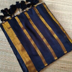 Meena -  black 120 Thread Count Mul Cotton Saree with Traditional Gold Kasavu Border