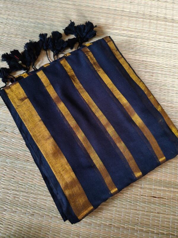 Meena -  black 120 Thread Count Mul Cotton Saree with Traditional Gold Kasavu Border