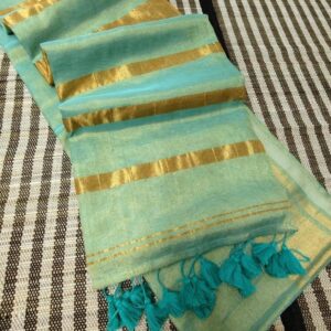 Aqua blue Swarna Mul cotton tissue saree