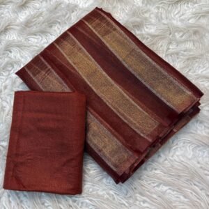 Nila - Maroonish brown  organza saree with khadi stripes