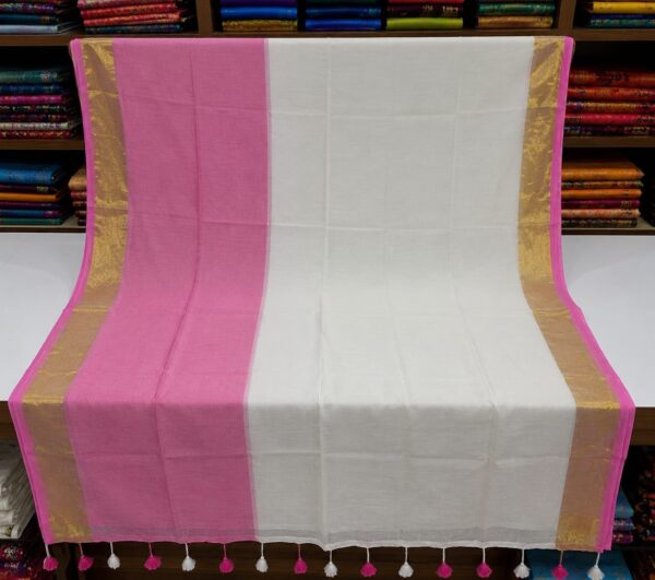 2026/07/1001328228.jpg Rudra003- 120 Thread Count Mul Cotton Saree with Traditional Gold Kasavu Border