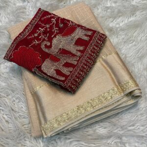 deksha - beige golden lines viscous georgette saree with hand work blouse