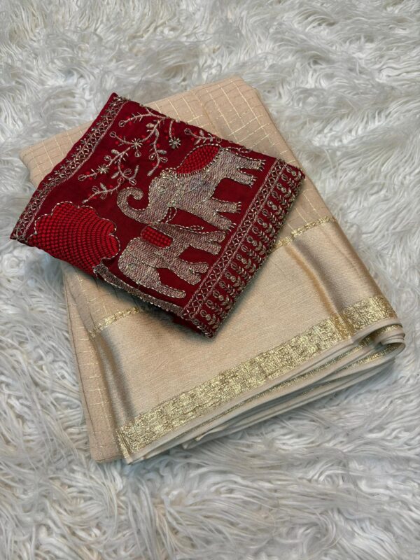 deksha - beige golden lines viscous georgette saree with hand work blouse
