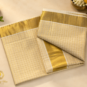 ATHAM – 19: Traditional Kerala Kasavu Saree with Fine Golden Checks and Broad Zari Border | Onam Collection