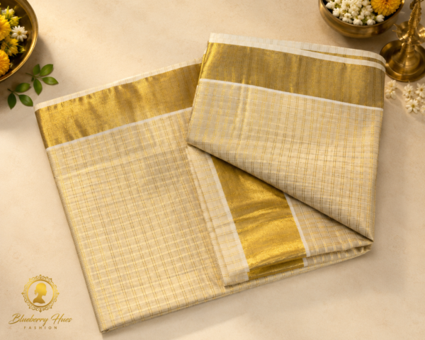 ATHAM – 19: Traditional Kerala Kasavu Saree with Fine Golden Checks and Broad Zari Border | Onam Collection