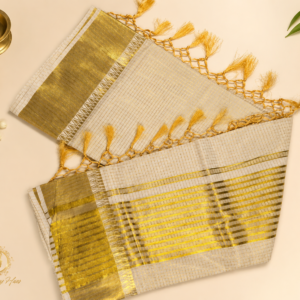 ATHAM – 25: Traditional Kerala Kasavu Saree with Golden Check Weave, Striped Pallu and Tassels | Premium Onam Collection