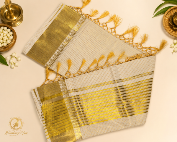 ATHAM – 25: Traditional Kerala Kasavu Saree with Golden Check Weave, Striped Pallu and Tassels | Premium Onam Collection