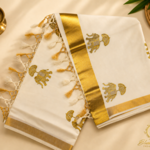 ATHAM – 22: Traditional Kerala Kasavu Saree with Golden Elephant Motifs and Broad Kasavu Border | Premium Onam Collection