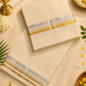 ATHAM – 44: Traditional Kerala Men's Kasavu Mundu with Silver and Gold Border