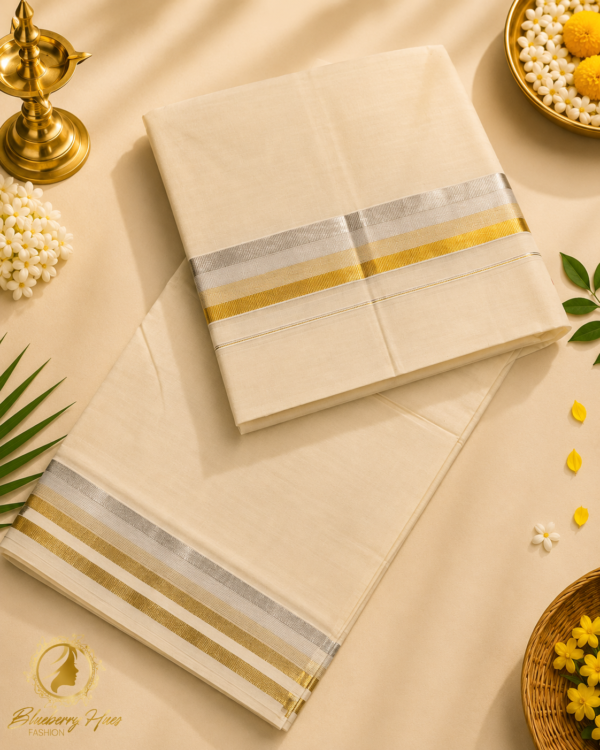ATHAM – 44: Traditional Kerala Men's Kasavu Mundu with Silver and Gold Border