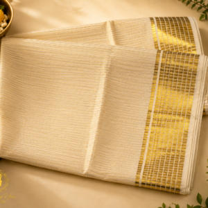 ATHAM – 33: Traditional Kerala Kasavu Saree with Fine Golden Stripes and Grand Border