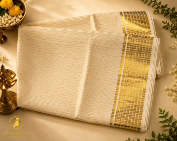 ATHAM – 33: Traditional Kerala Kasavu Saree with Fine Golden Stripes and Grand Border