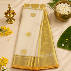 ATHAM – 12: Traditional Kerala Kasavu Saree with Floral Zari Motifs | Premium Onam Collection