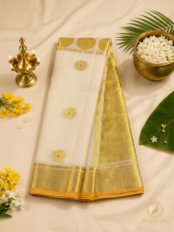ATHAM – 12: Traditional Kerala Kasavu Saree with Floral Zari Motifs | Premium Onam Collection