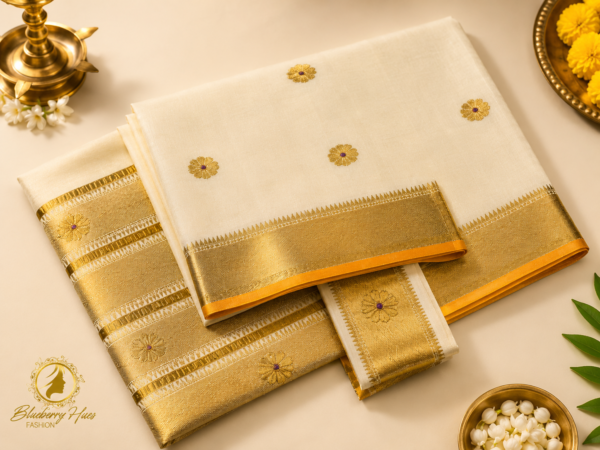 Kasavu Saree with Floral Zari Motifs