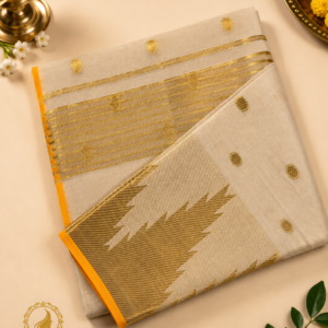 ATHAM – 13: Traditional Kerala Kasavu Saree with Golden Buttas and Grand Woven Pallu | Onam Collection