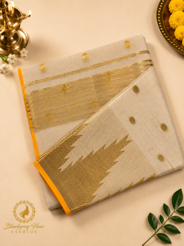 ATHAM – 13: Traditional Kerala Kasavu Saree with Golden Buttas and Grand Woven Pallu | Onam Collection
