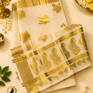 ATHAM – 17: Traditional Kerala Kasavu Saree with Golden Leaf Motifs and Ornate Woven Pallu | Onam Collection