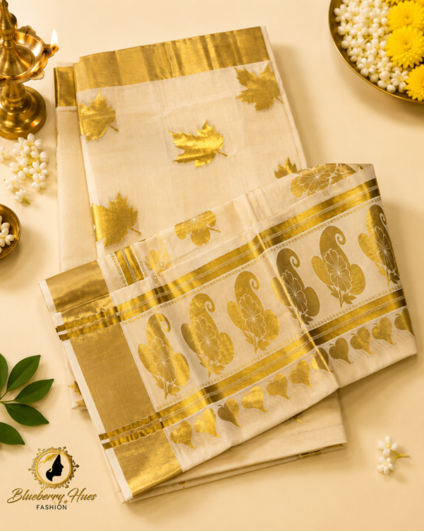 ATHAM – 17: Traditional Kerala Kasavu Saree with Golden Leaf Motifs and Ornate Woven Pallu | Onam Collection
