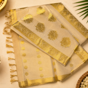 ATHAM – 15: Traditional Kerala Kasavu Saree with Grand Paisley Woven Pallu and Golden Butta | Premium Onam Collection