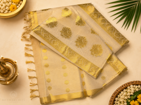 ATHAM – 15: Traditional Kerala Kasavu Saree with Grand Paisley Woven Pallu and Golden Butta | Premium Onam Collection