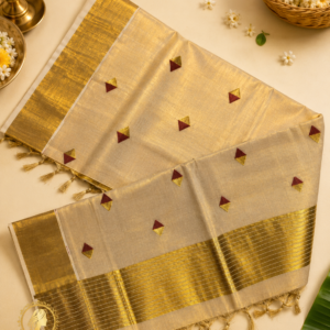 Kasavu Saree with Maroon Diamond Buttas and Grand Golden Zari Border